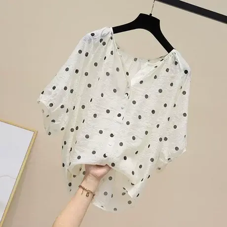 V领圆点宽松衬衫女2023夏季新款韩版时尚气质短袖宽松波点上衣潮商品大图