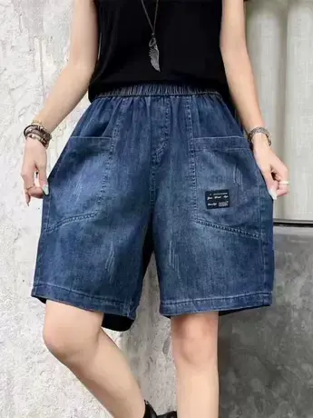 复古大口袋2023新款牛仔短裤女夏季新款韩版松紧腰宽松显瘦阔腿裤商品大图