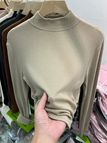 设计感褶皱双面磨毛螺纹长袖T恤女2023秋冬新款短款打底衫上衣潮商品大图