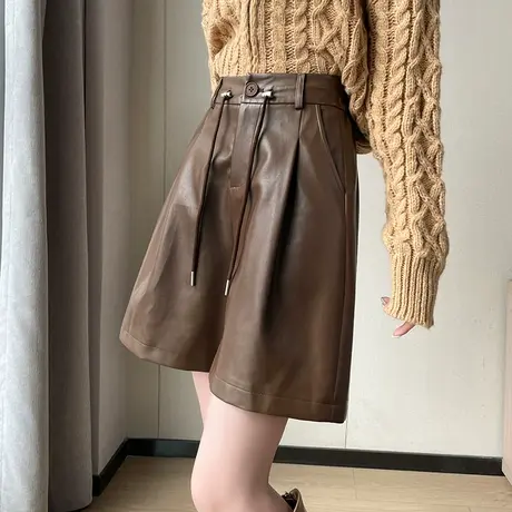 皮短裤女春秋2023年秋冬新款高腰显瘦皮裤宽松阔腿a字抽绳短裤商品大图