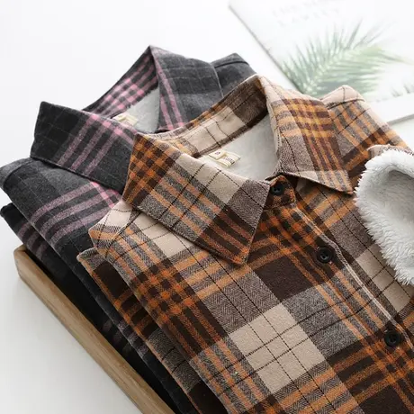 2020年秋冬新款文艺简约加绒格子衬衫女韩版休闲加厚保暖打底衬衣图片