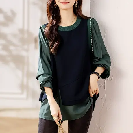 假两件撞色长袖卫衣女春秋季新款宽松加大码女装百搭显瘦小衫上衣图片