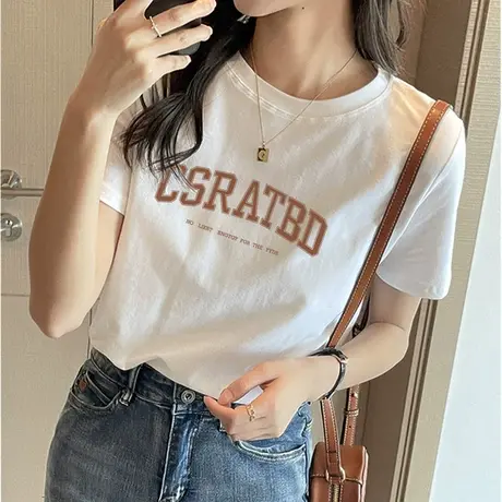 白色打底衫女上衣2023年新款夏装潮牌印花宽松正肩美式复古t恤衫图片