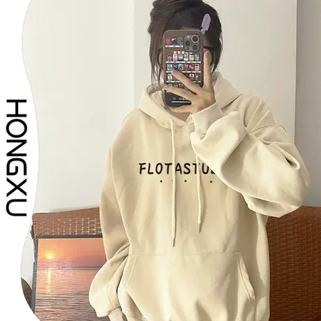 红续秋冬小众高街潮牌oversize杏色印花连帽卫衣女2023加厚上衣潮商品大图