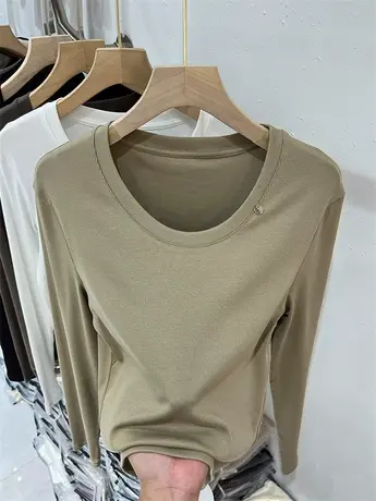 欧货圆领针织衫修身长袖上衣T恤女2023年初秋新款纯色百搭打底衫图片