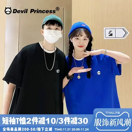 情侣装ulzzang设计感小众纯棉t恤女2024夏oversize学院风正肩上衣图片