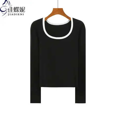 秋冬新款韩版圆领拼色修身显瘦纯色纯棉长袖体恤上衣内搭女打底衫商品大图
