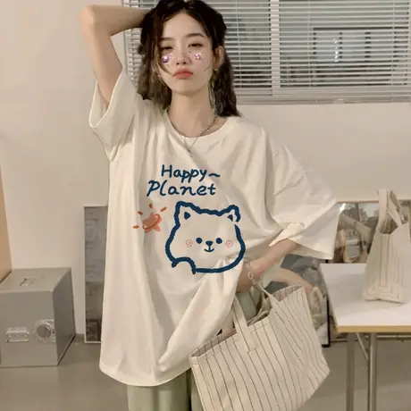 港风卡通印花t恤短袖女白色纯棉大码oversize潮ins夏复古正肩上衣商品大图
