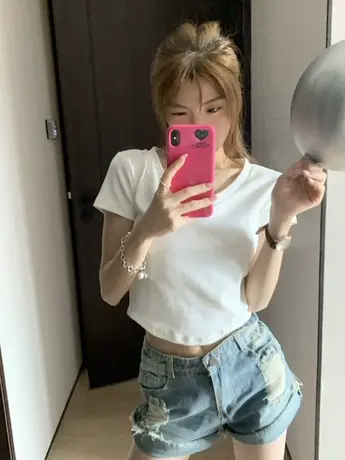 v领短袖t恤女夏季内搭体恤设计感小众打底衫修身法式短款正肩上衣图片