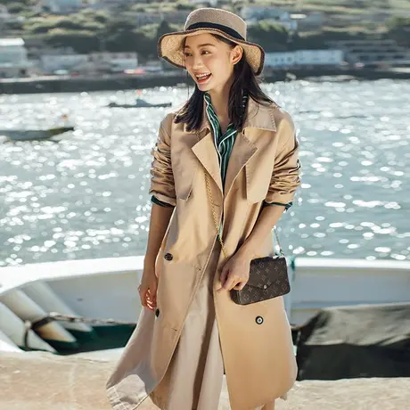 初秋新款韩版经典款双排扣风衣女中长款气质外套卡其色过膝工装衣图片