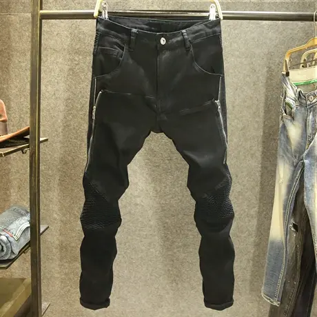 黑色个性拉链设计牛仔裤男款修身小脚裤水洗高街潮牌百搭弹力长裤商品大图