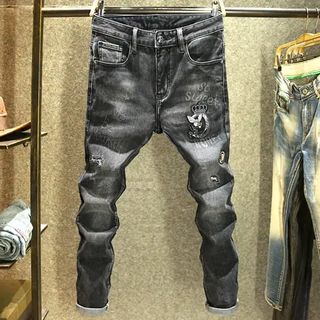 秋冬季高端皇冠烫钻牛仔裤男款修身小脚弹力裤子潮牌破洞黑色长裤商品大图