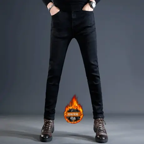黑色加绒牛仔裤男冬季修身小脚2023新款爆款弹力加厚保暖男士长裤商品大图