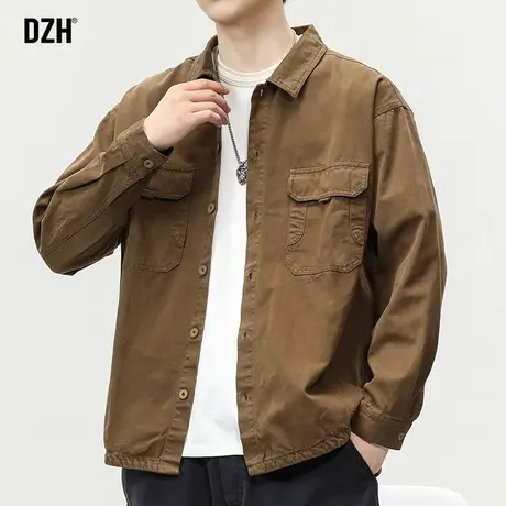 男士咖色纯棉衬衫男长袖高级感潮牌男装2023新款工装衬衣外套休闲商品大图