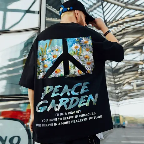 嘻哈国潮衣服短袖男潮牌潮流加肥加大t恤宽松反战情侣bf半袖男潮图片