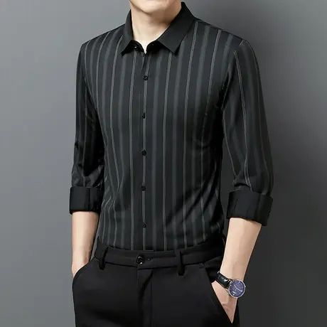 条纹长袖衬衫男士春秋季休闲商务高档无痕免烫男装高级感长袖衬衣商品大图