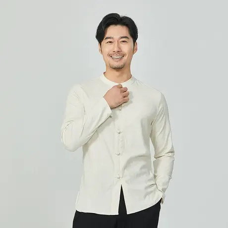 衬衫男长袖亚麻2022春季新款中国风复古大码宽松立领男士休闲衬衣图片