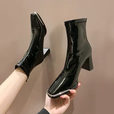 欧洲站马丁靴女2024新款秋冬季方头百搭漆皮高跟瘦瘦靴粗跟短靴子图片