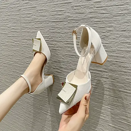 包头气质单鞋女2024年春季新款性感少女尖头一字带粗跟职业高跟鞋图片