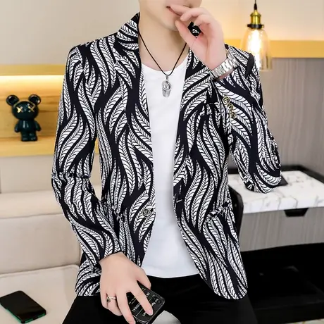 外套男士高级感西服ins印花上衣春秋季潮流英伦雅痞帅休闲小西装商品大图