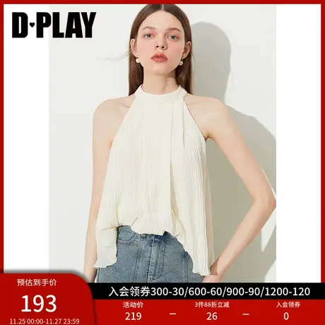 DPLAY夏新款法式优雅奶油杏系带挂脖无袖露肩宽松褶皱雪纺衫商品大图