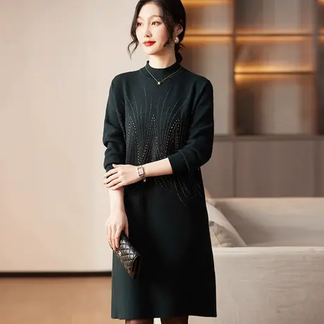2023年新款女装时尚大码胖mm宽松显瘦长袖红色过年战袍毛衣连衣裙图片