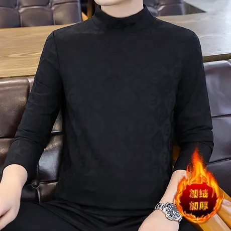 男士长袖t恤秋冬季双面绒潮牌印花半高领加绒打底衫内搭保暖上衣商品大图