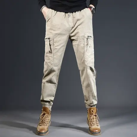 卡其色工装裤男秋冬款2023新款潮牌宽松束脚弹力美式休闲男士裤子商品大图