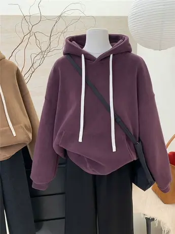 2023冬季新款百搭简约基础款颗粒绒连帽加厚加绒卫衣女外套上衣服商品大图