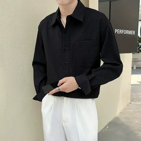 华夫格衬衫外套男春秋款男士长袖衬衣秋季纯色潮牌高级感休闲上衣商品大图