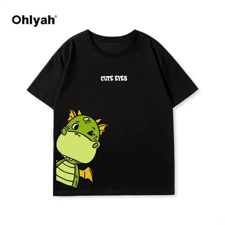 Ohlyah春夏新款卡通小龙短袖t恤男女同款纯棉重磅宽松情侣上衣潮图片