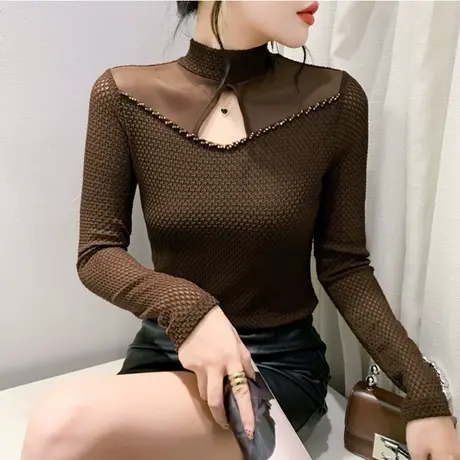 设计感网纱镂空手工钉珠长袖打底衫洋气内塔加绒上衣女修身T恤ins图片