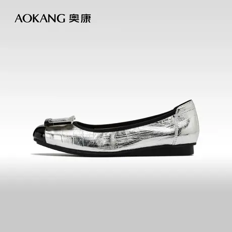 奥康女鞋 2024春季新款真皮方扣黑色简约浅口单鞋通勤办公室单鞋图片