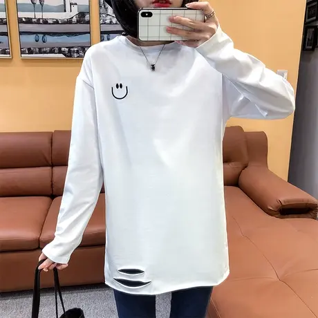 白色打底衫女2023秋装内搭笑脸长袖t恤女下摆破洞中长款百搭上衣商品大图