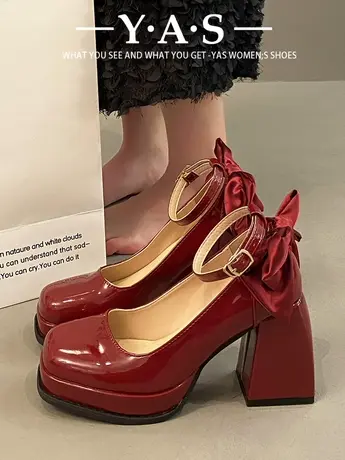 小个子红色高跟鞋设计感小众法式玛丽珍鞋仙女风蝴蝶结lolita单鞋图片