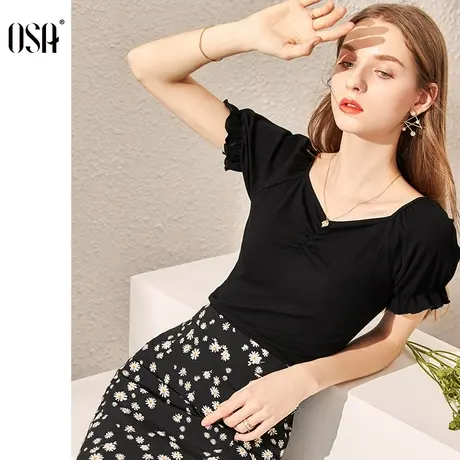 OSA黑色莫代尔短袖t恤女夏季2021年新款时尚流行v领体恤上衣ins潮商品大图