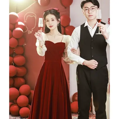 敬酒服新娘2023新款法式纱袖平时可穿订婚礼服女夏季红色连衣裙图片