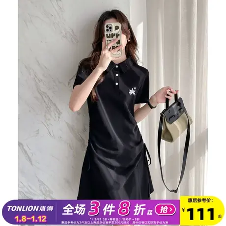 唐狮显瘦黑色polo连衣裙女2024新款腰部抽绳设计短袖小个子裙子e5图片