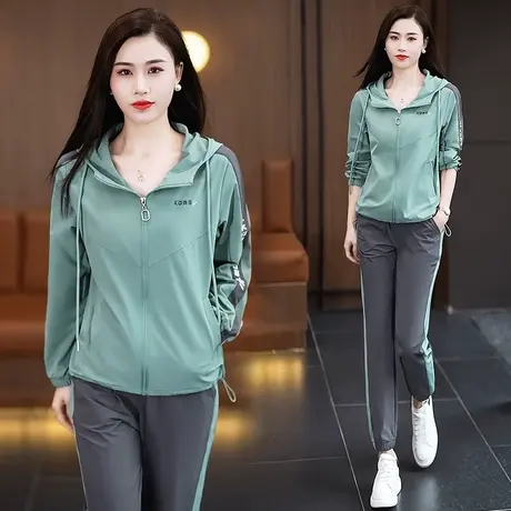 梭织休闲运动服套装女春秋2024年新款时尚薄款连帽卫衣外套两件套商品大图