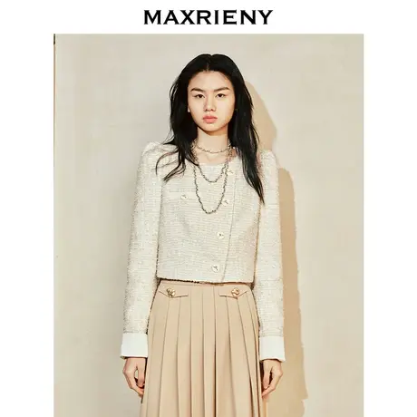 [3件8折]MAXRIENY复古宫廷玉兰扣毛织拼接外套24春高级气质感图片