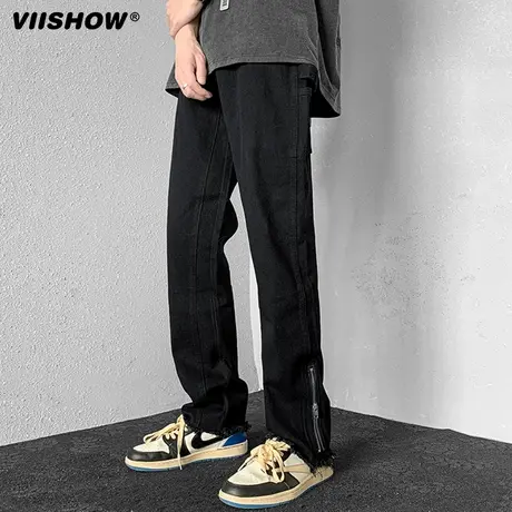 VIISHOW牛仔裤男春季美式拉链设计感复古潮牌直筒阔腿休闲长裤子图片