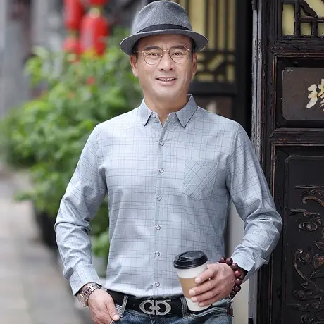 中老年衬衫男长袖爸爸装男40-50岁薄款春秋季中年人衬衣父亲夏装图片