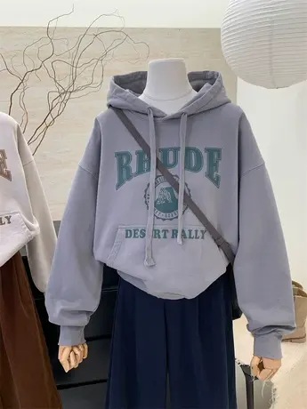灰色连帽卫衣女春秋新款韩版做旧宽松慵懒风字母印花套头百搭上衣图片