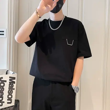 短袖T恤男夏季潮牌重磅简约打底t恤ins潮流休闲拼接设计半袖上衣商品大图