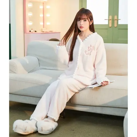 唐狮新款睡衣女秋冬季珊瑚绒加绒加厚可爱玛丽猫风家居服套装SY图片