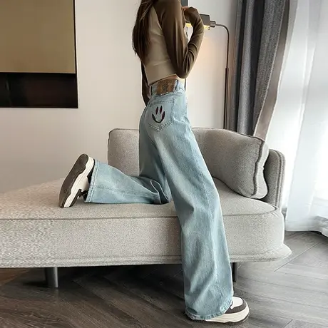 浅色阔腿牛仔裤子女遮肉显瘦春季2024新款高腰宽松垂感窄版直筒裤图片