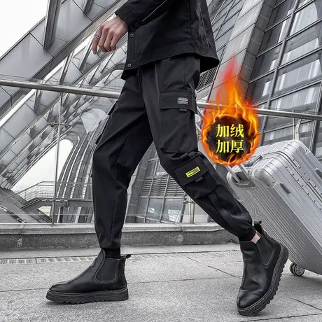 加绒裤子男秋冬宽松束脚工作裤潮牌工装裤学生韩版潮流百搭休闲裤图片
