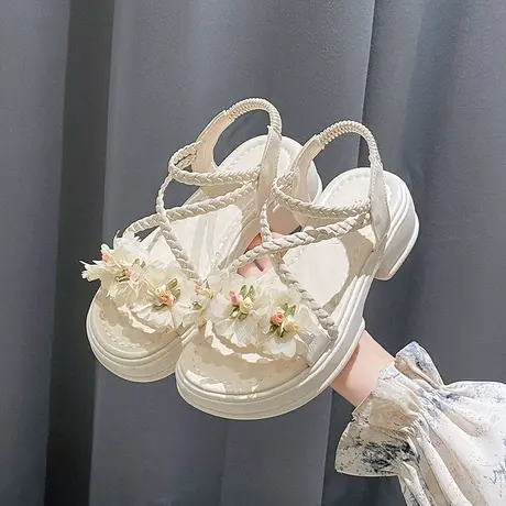 配裙子花朵凉鞋女外穿2024夏季新款仙女风百搭厚底法式坡跟罗马鞋商品大图