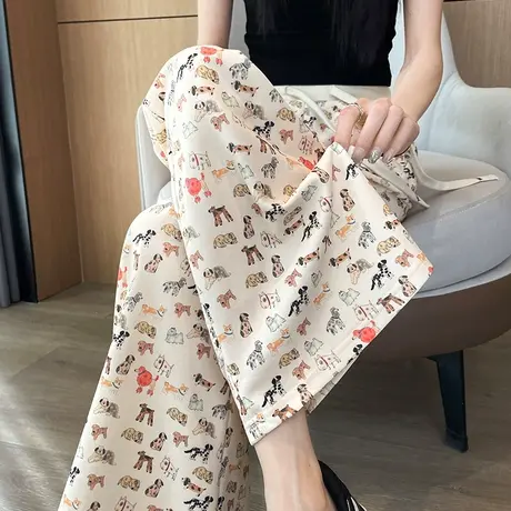小狗印花休闲卫裤女春夏高腰显瘦抽绳微喇叭裤子修身直筒拖地长裤商品大图