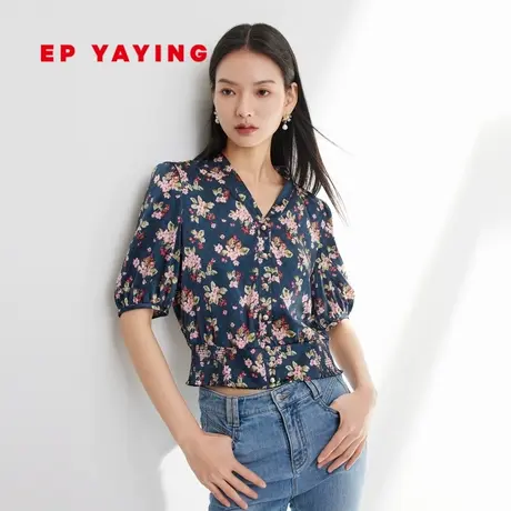 EP YAYING雅莹女装 印花桑蚕丝V领泡泡袖衬衫 2023新款2232A商品大图